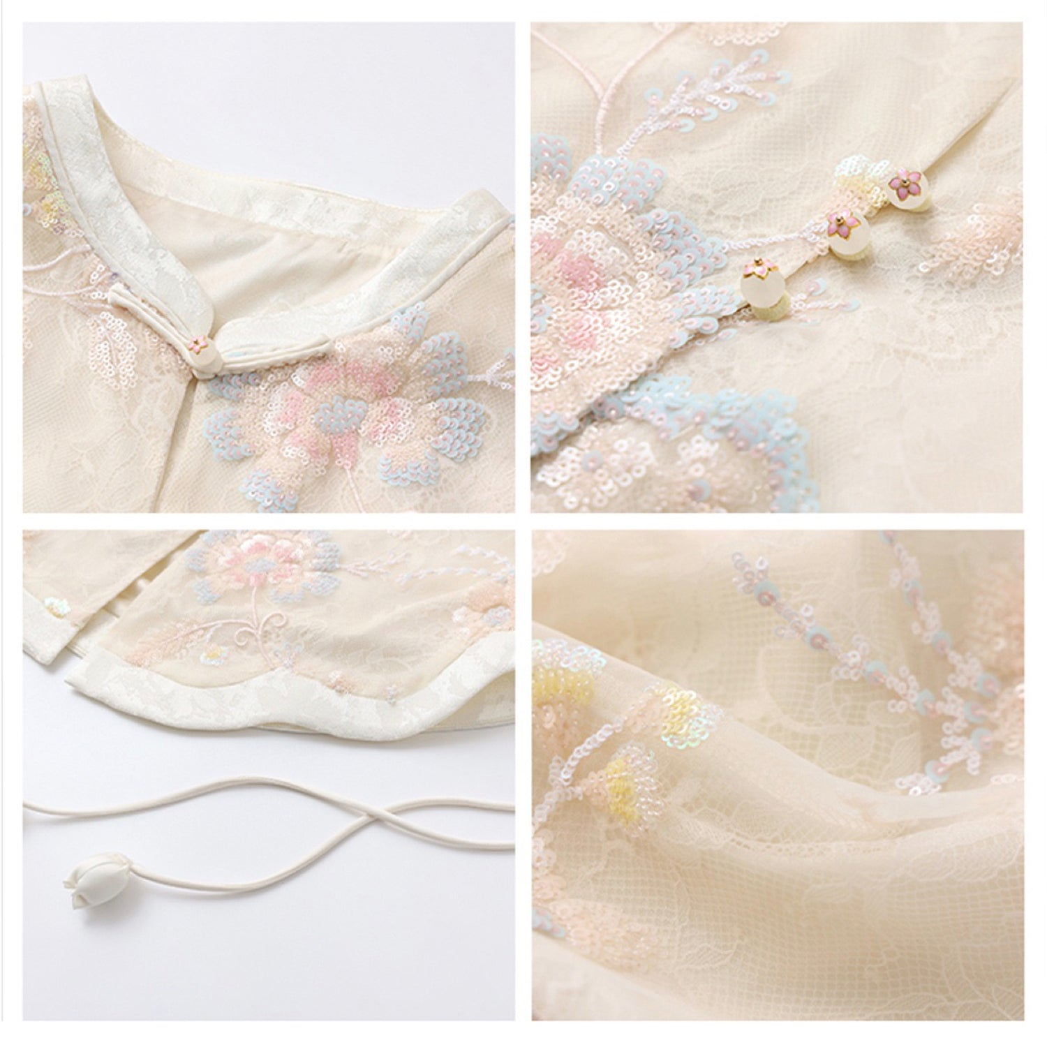 Poetic Embroidery Side Tie Sheer Floral Vest in Translucent Cream