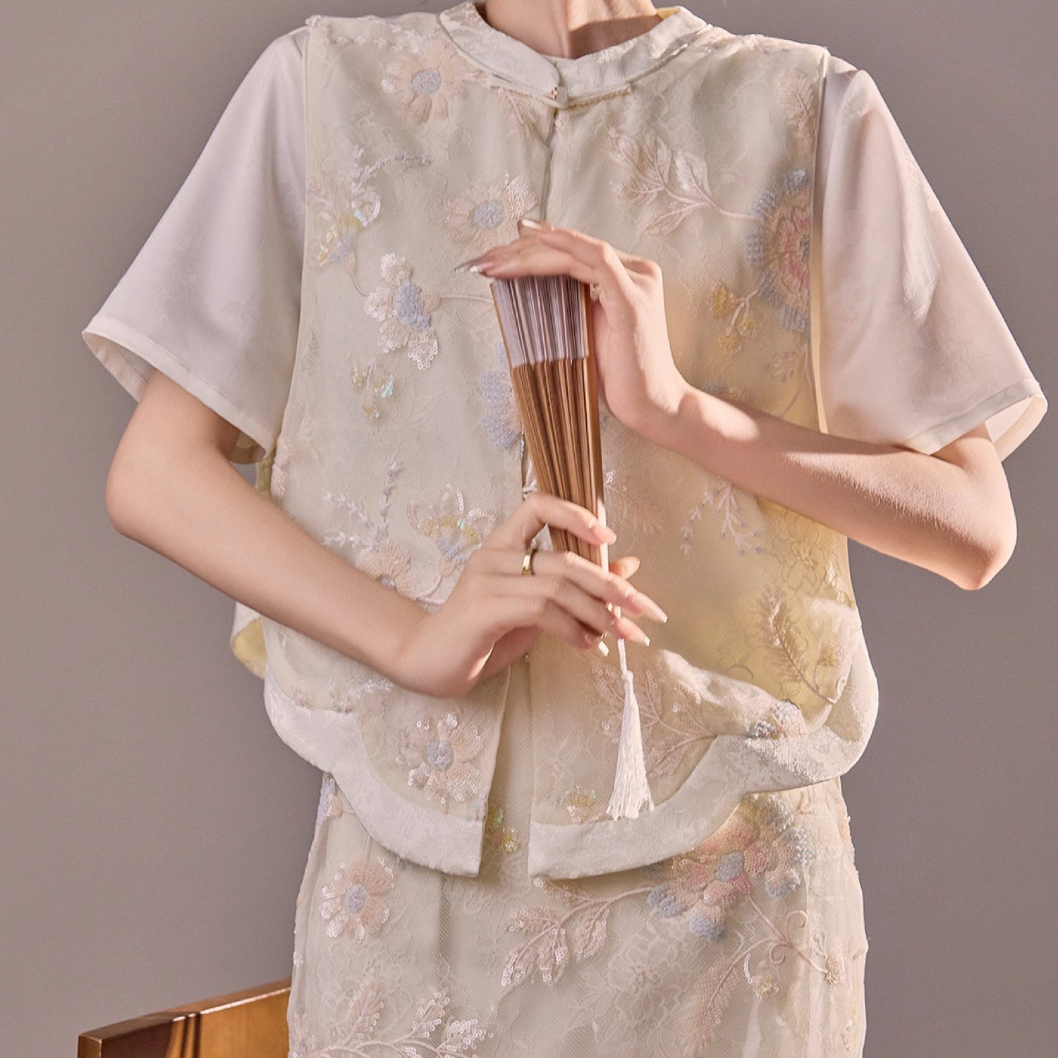 Poetic Embroidery Side Tie Sheer Floral Vest in Translucent Cream
