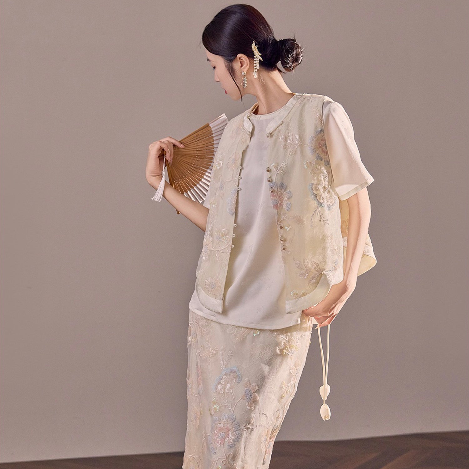 Poetic Embroidery Side Tie Sheer Floral Vest in Translucent Cream