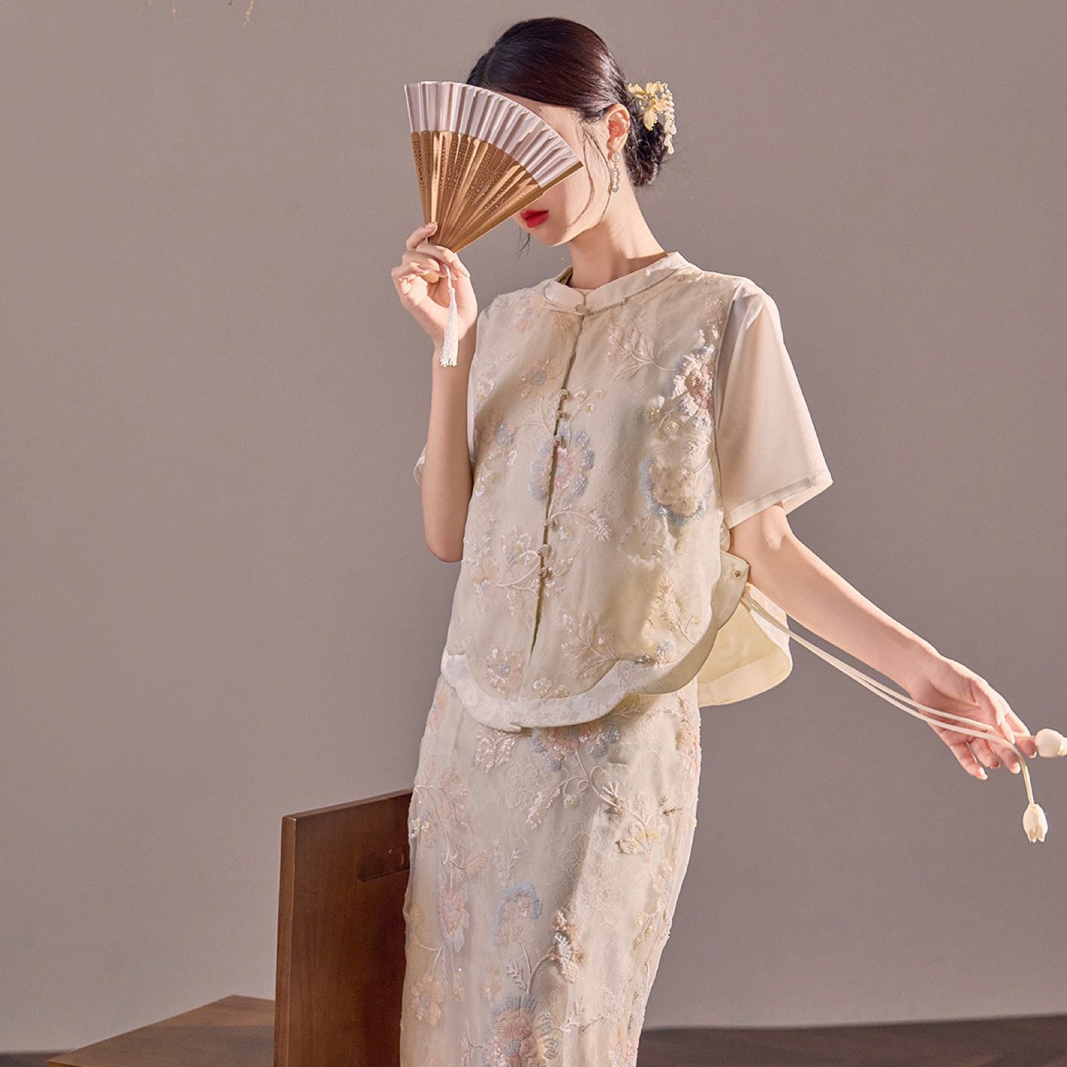 Poetic Embroidery Side Tie Sheer Floral Vest in Translucent Cream