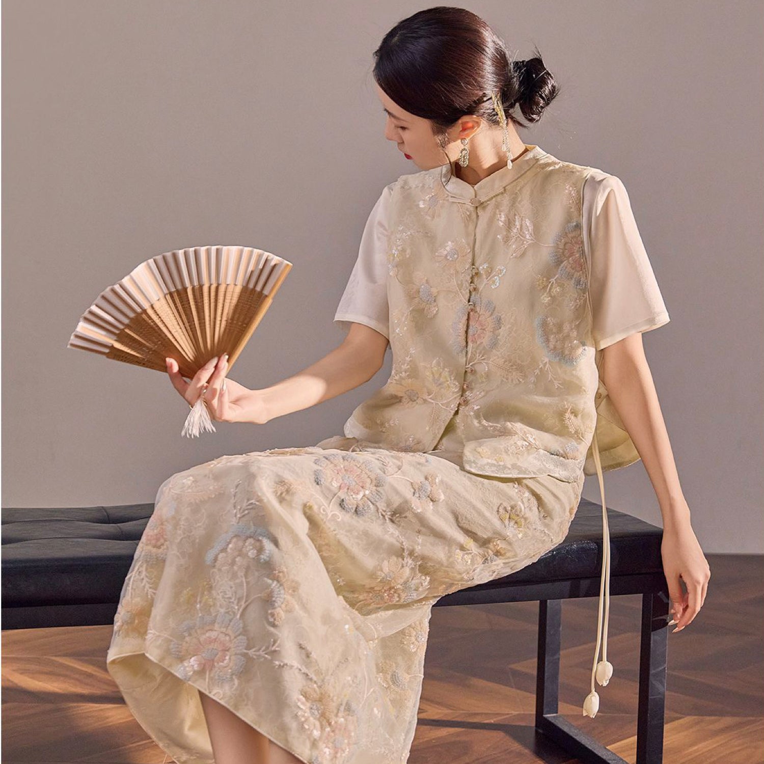 Poetic Embroidery Sheer Floral Embroidered Midi Skirt in Cream