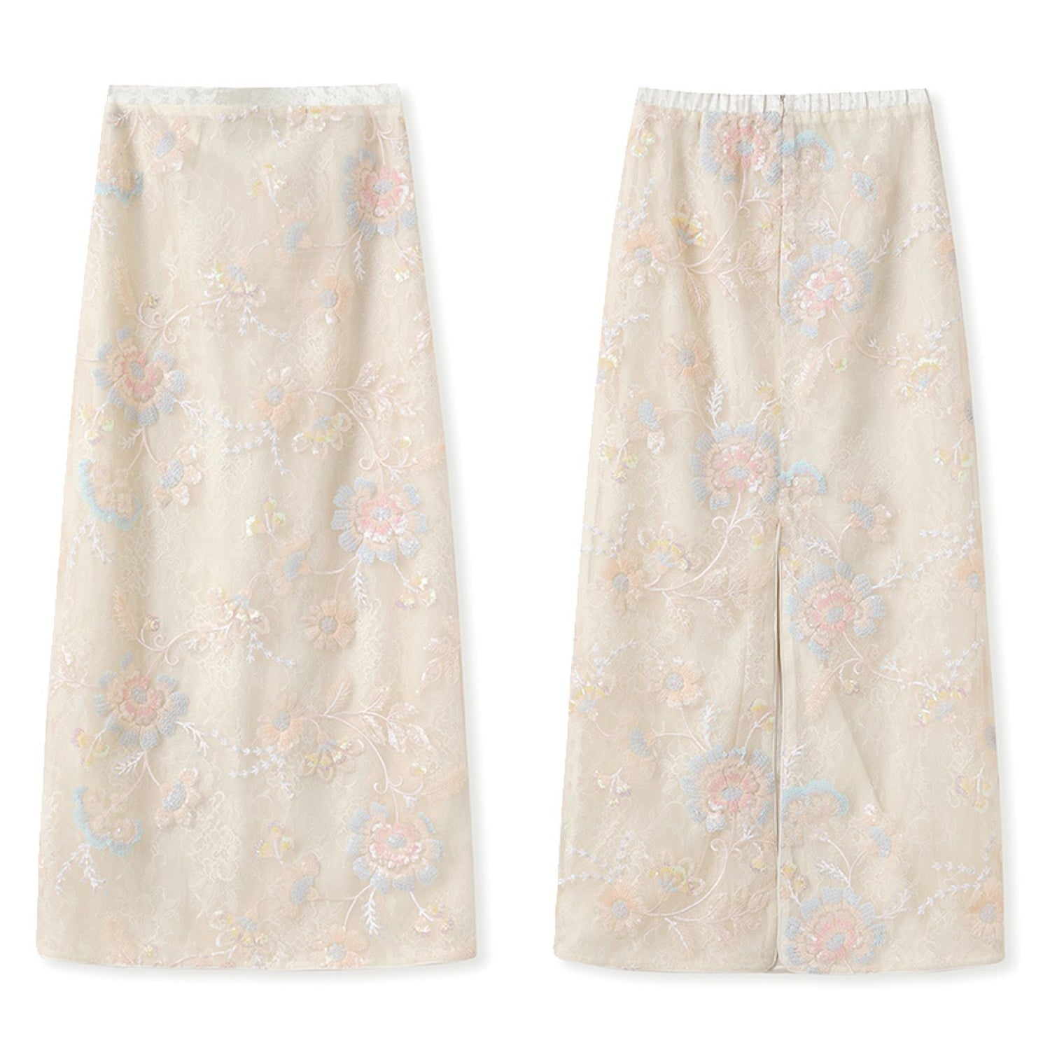 Poetic Embroidery Sheer Floral Embroidered Midi Skirt in Cream