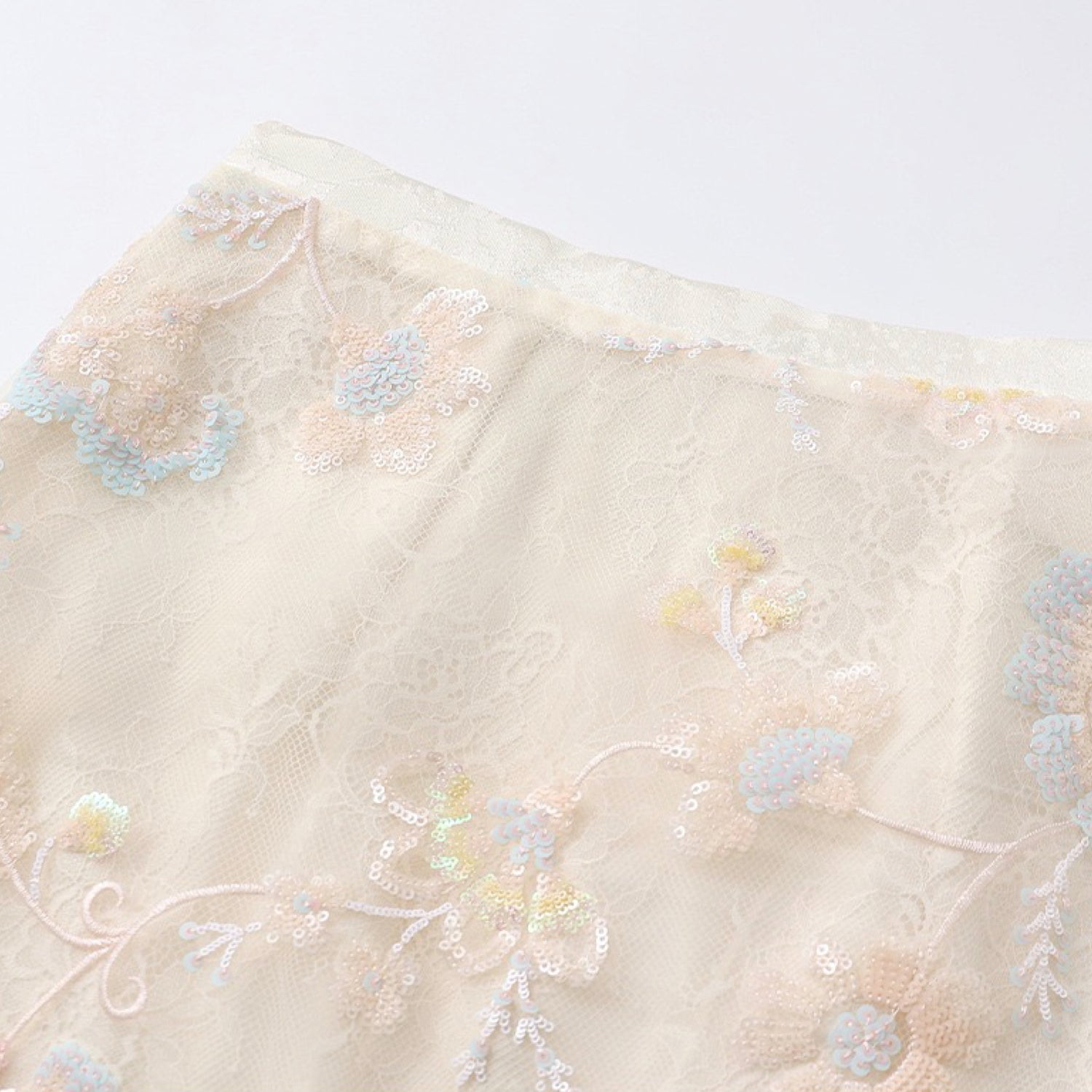 Poetic Embroidery Sheer Floral Embroidered Midi Skirt in Cream