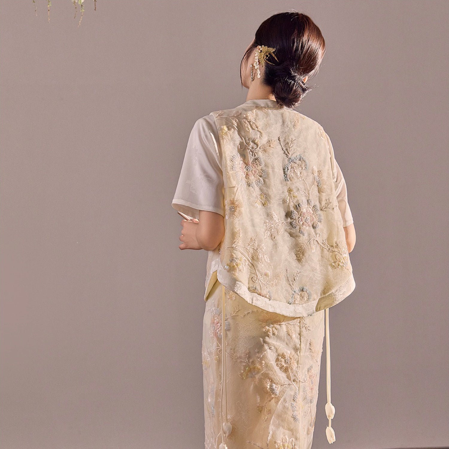 Poetic Embroidery Sheer Floral Side Tie Co ord Set