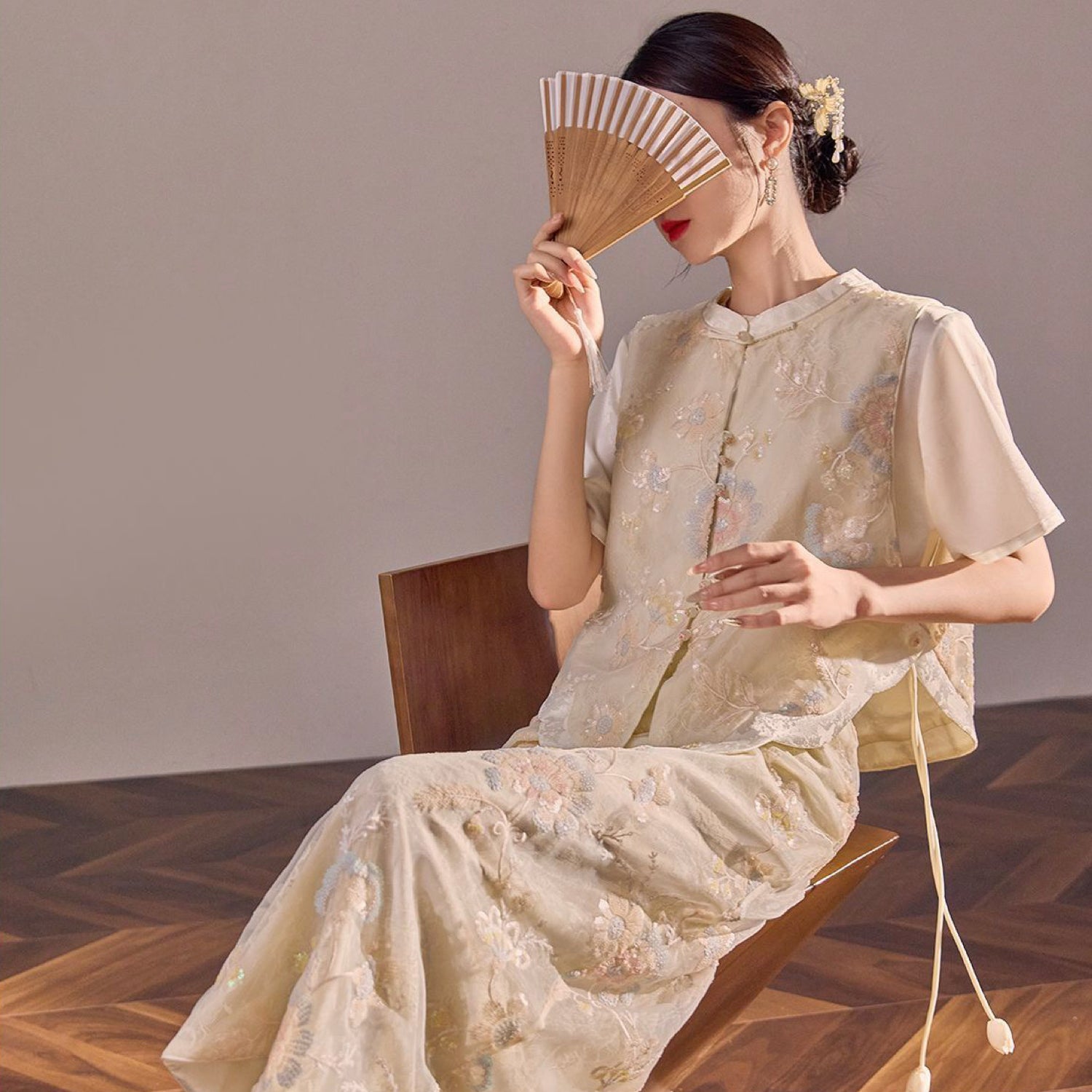 Poetic Embroidery Sheer Floral Side Tie Co ord Set