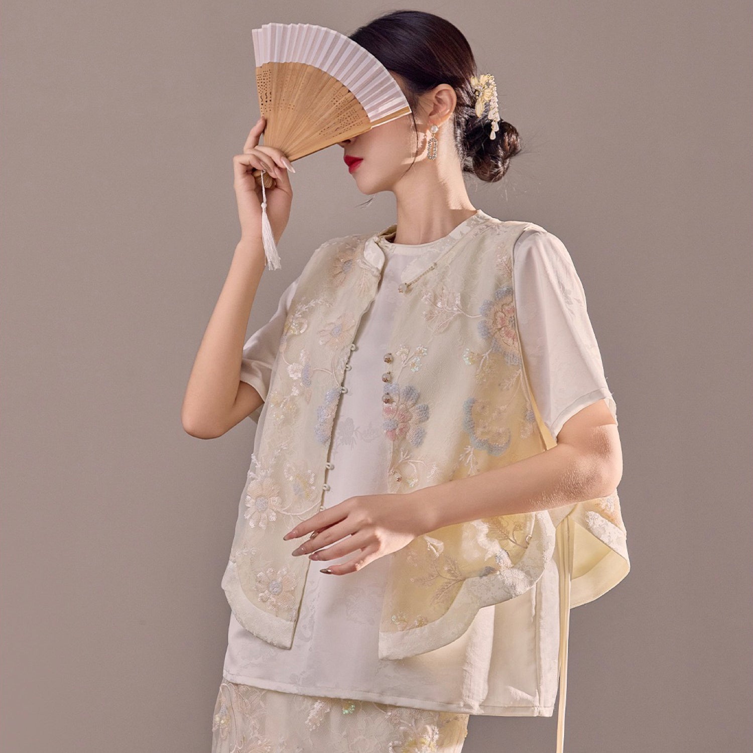 Poetic Embroidery Sheer Floral Side Tie Co ord Set