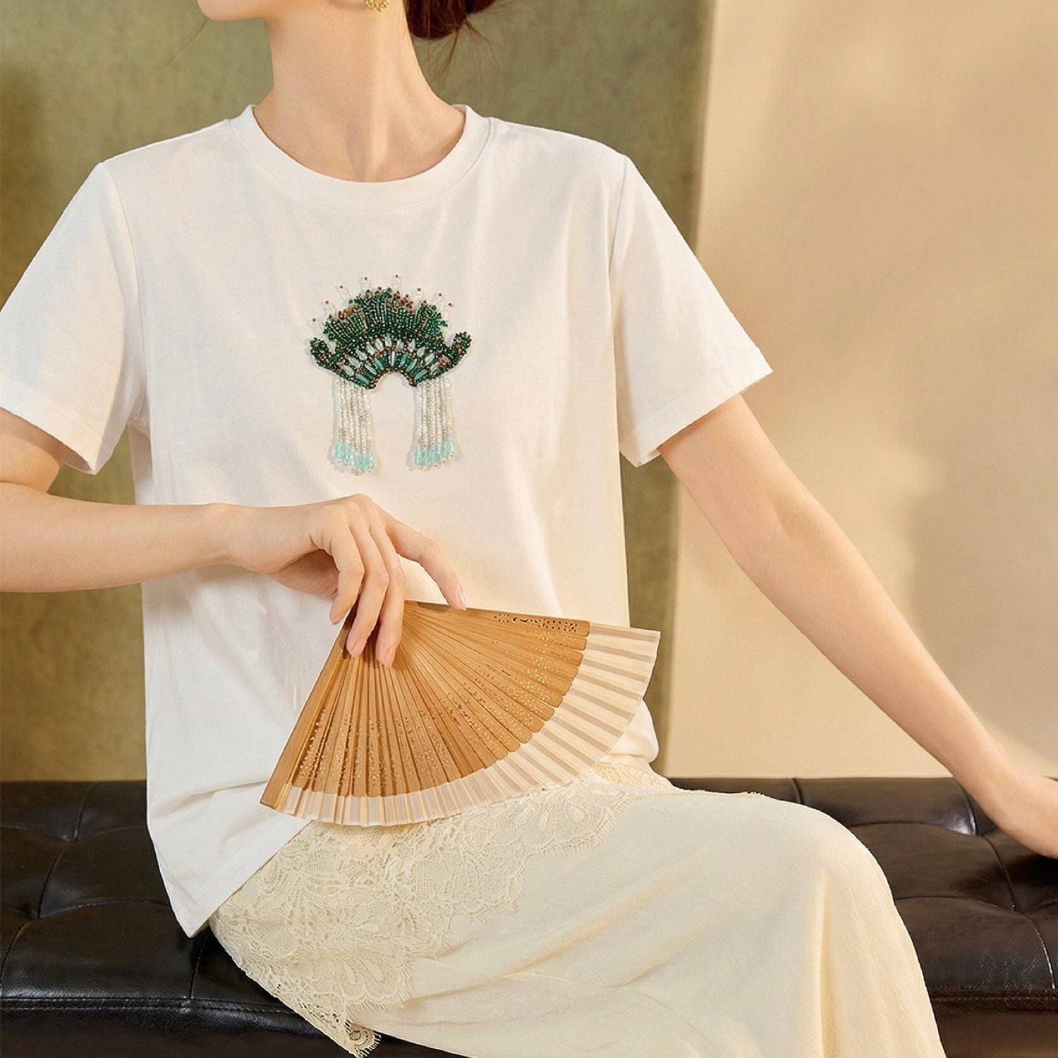 Opera Embroidered Cotton T-Shirt Women Artistic Graphic Tee