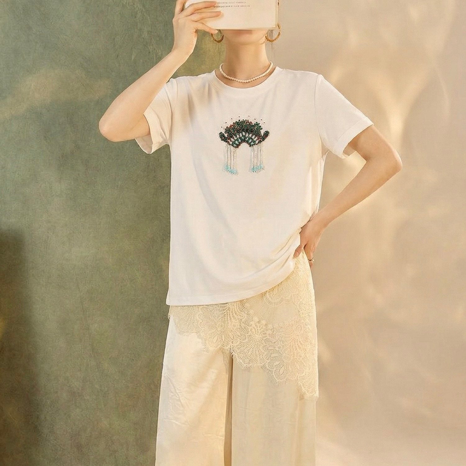 Opera Embroidered Cotton T-Shirt Women Artistic Graphic Tee