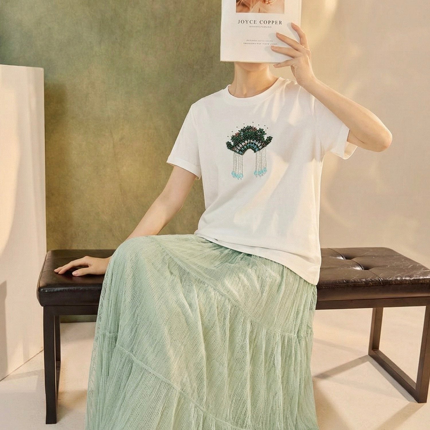 Opera Embroidered Cotton T-Shirt Women Artistic Graphic Tee