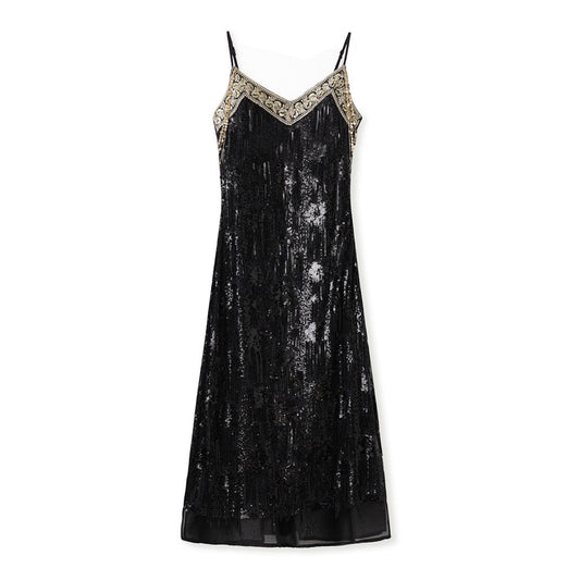 Embroidered Black Spaghetti Strap Dress Women Design