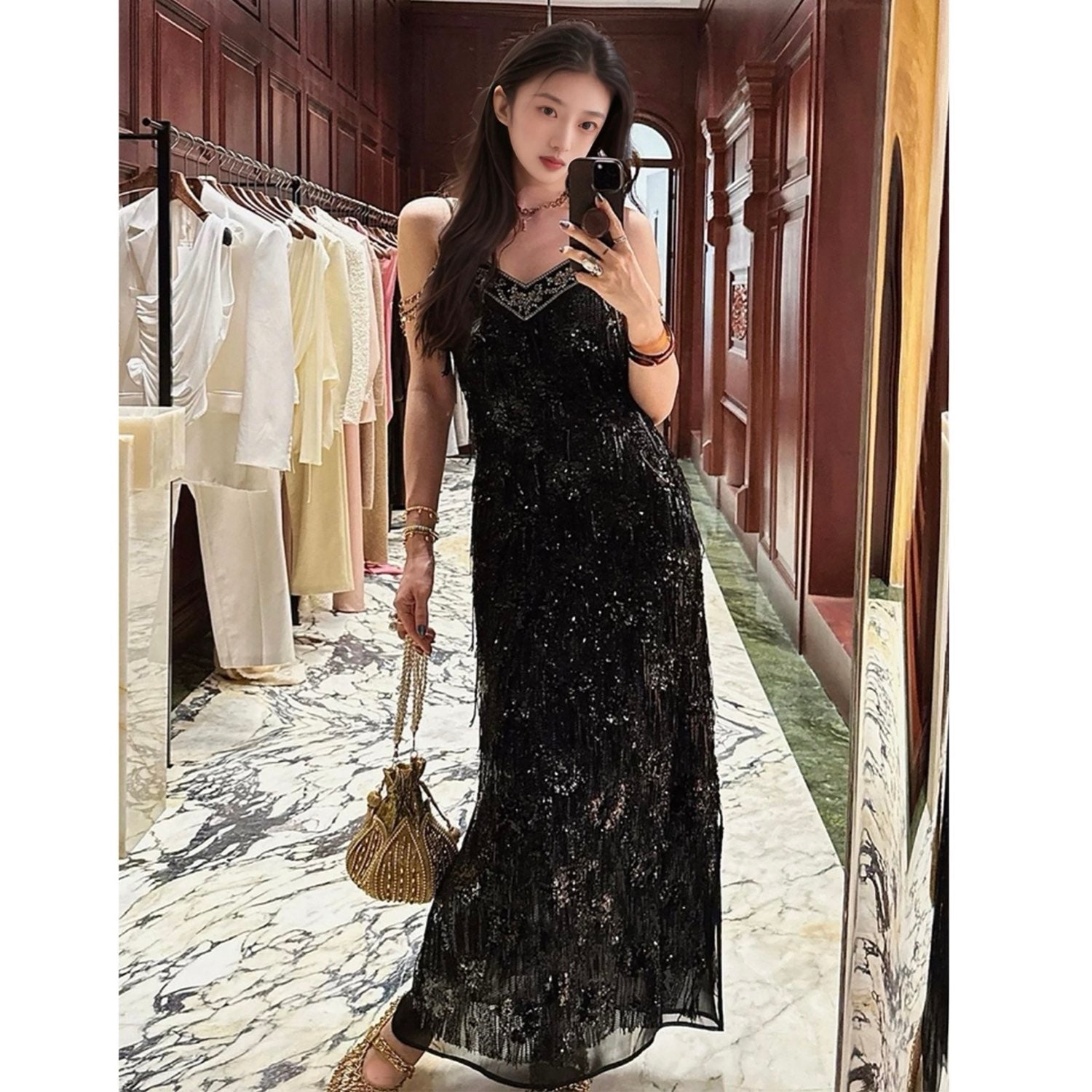 Embroidered Black Spaghetti Strap Dress Women Design