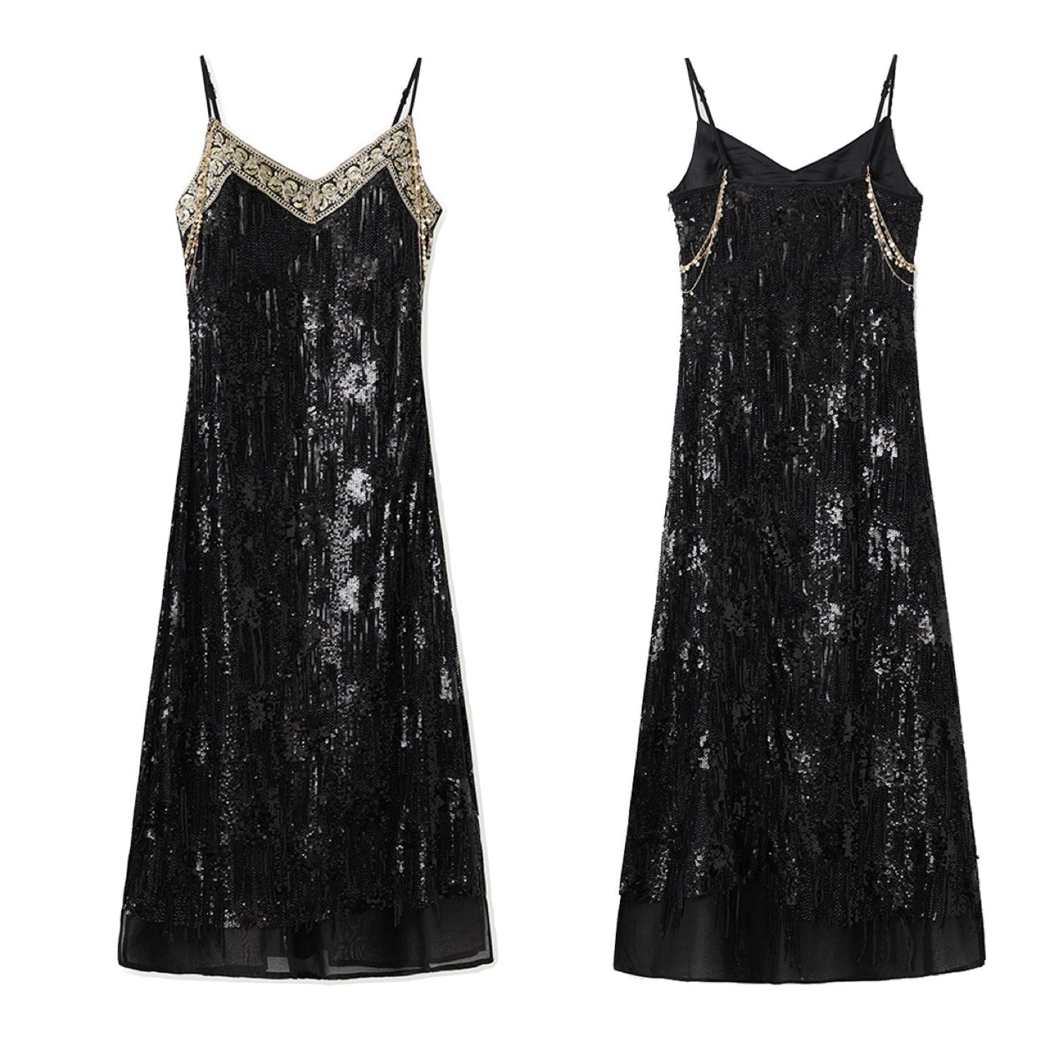 Embroidered Black Spaghetti Strap Dress Women Design
