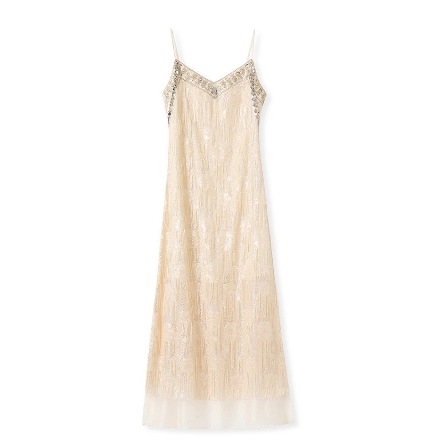 Embroidered Beige Spaghetti Strap Dress Women Design