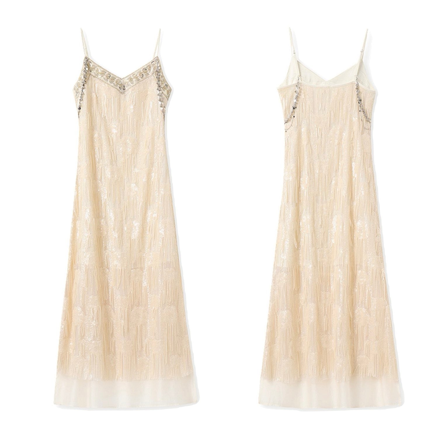 Embroidered Beige Spaghetti Strap Dress Women Design