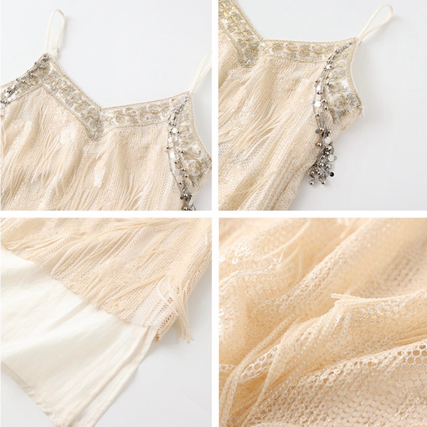 Embroidered Beige Spaghetti Strap Dress Women Design