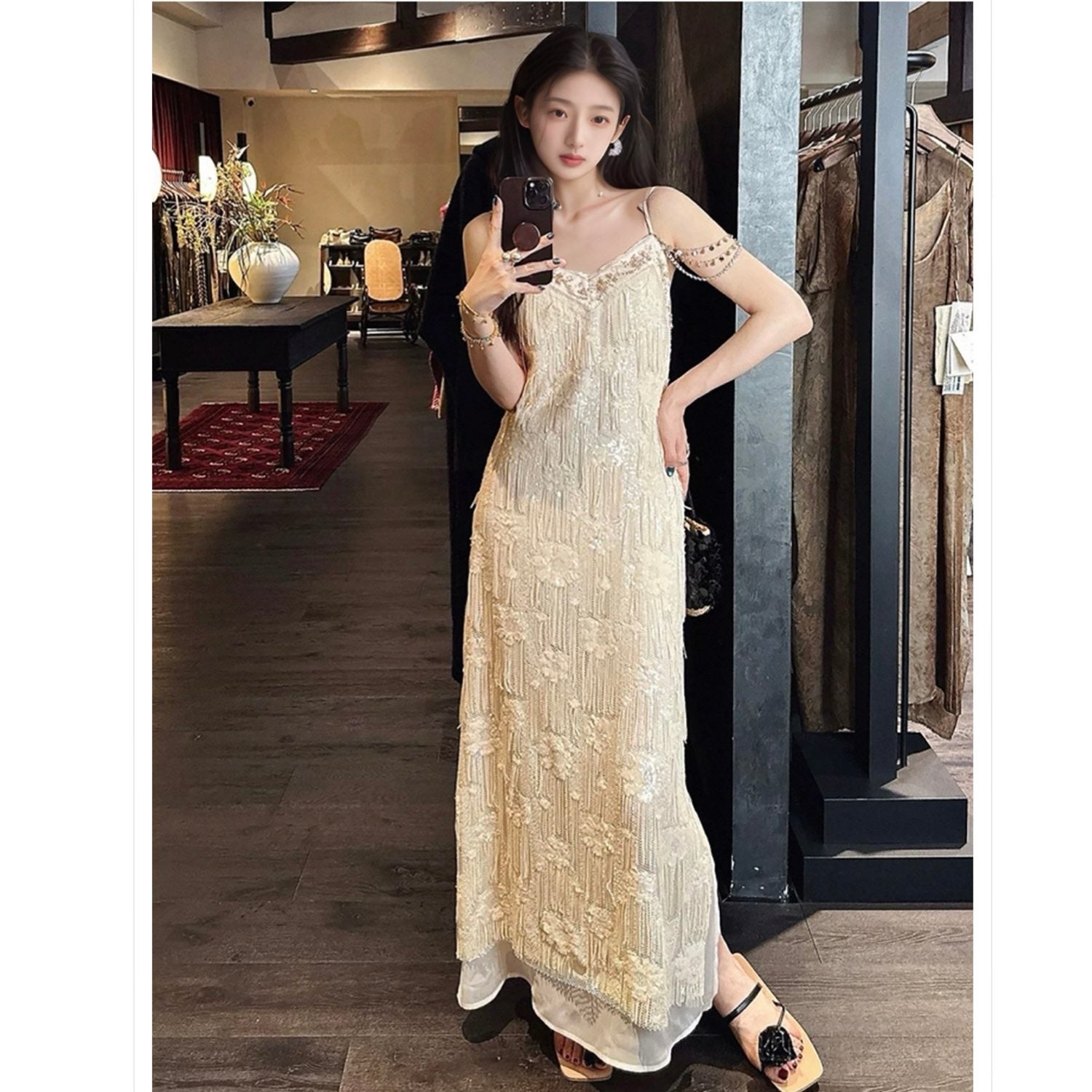 Embroidered Beige Spaghetti Strap Dress Women Design