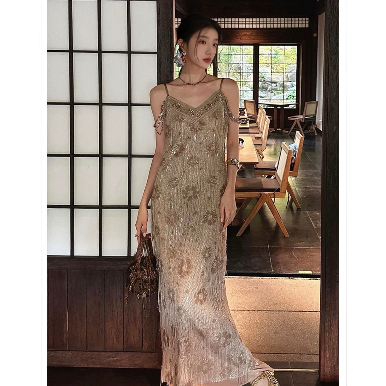 Embroidered Beige Spaghetti Strap Dress Women Design