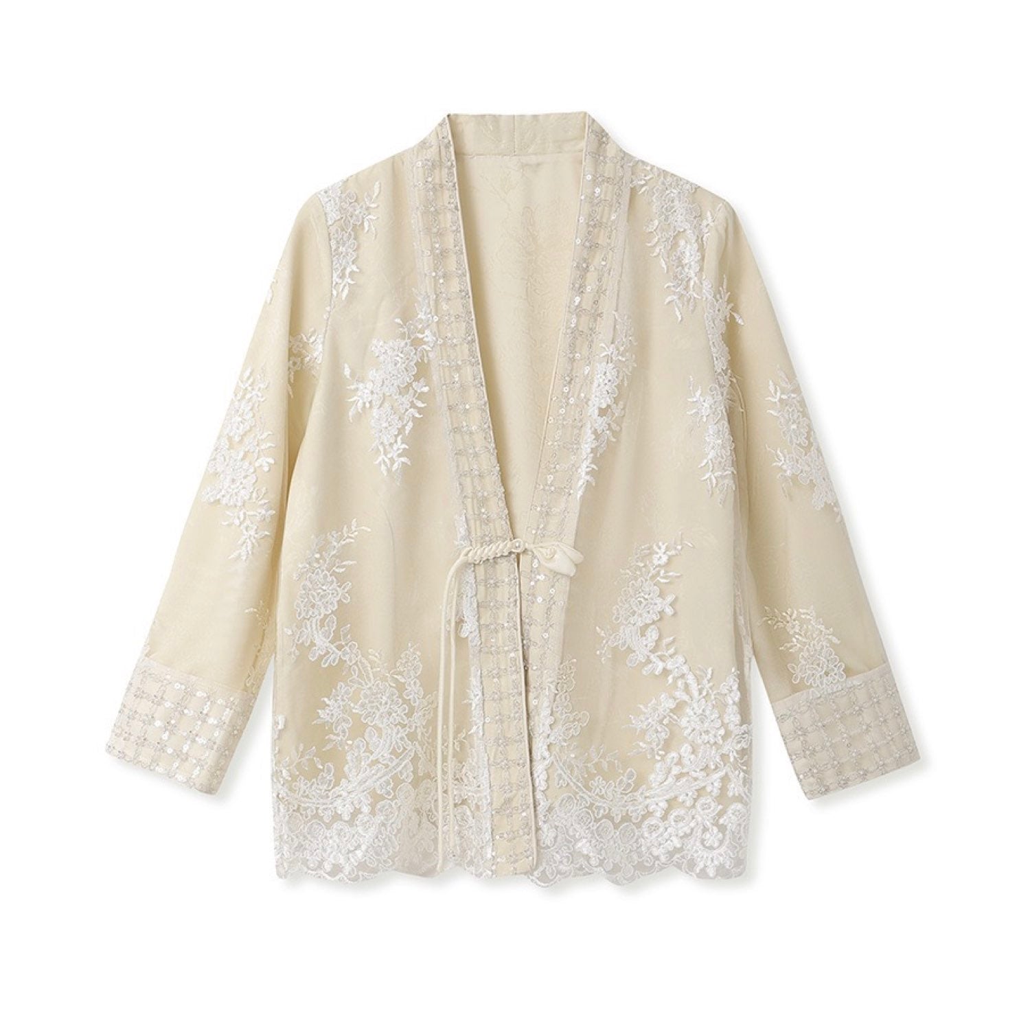 Embroidered Flower Cardigan Chinese-Inspired Style Beige White Women Top