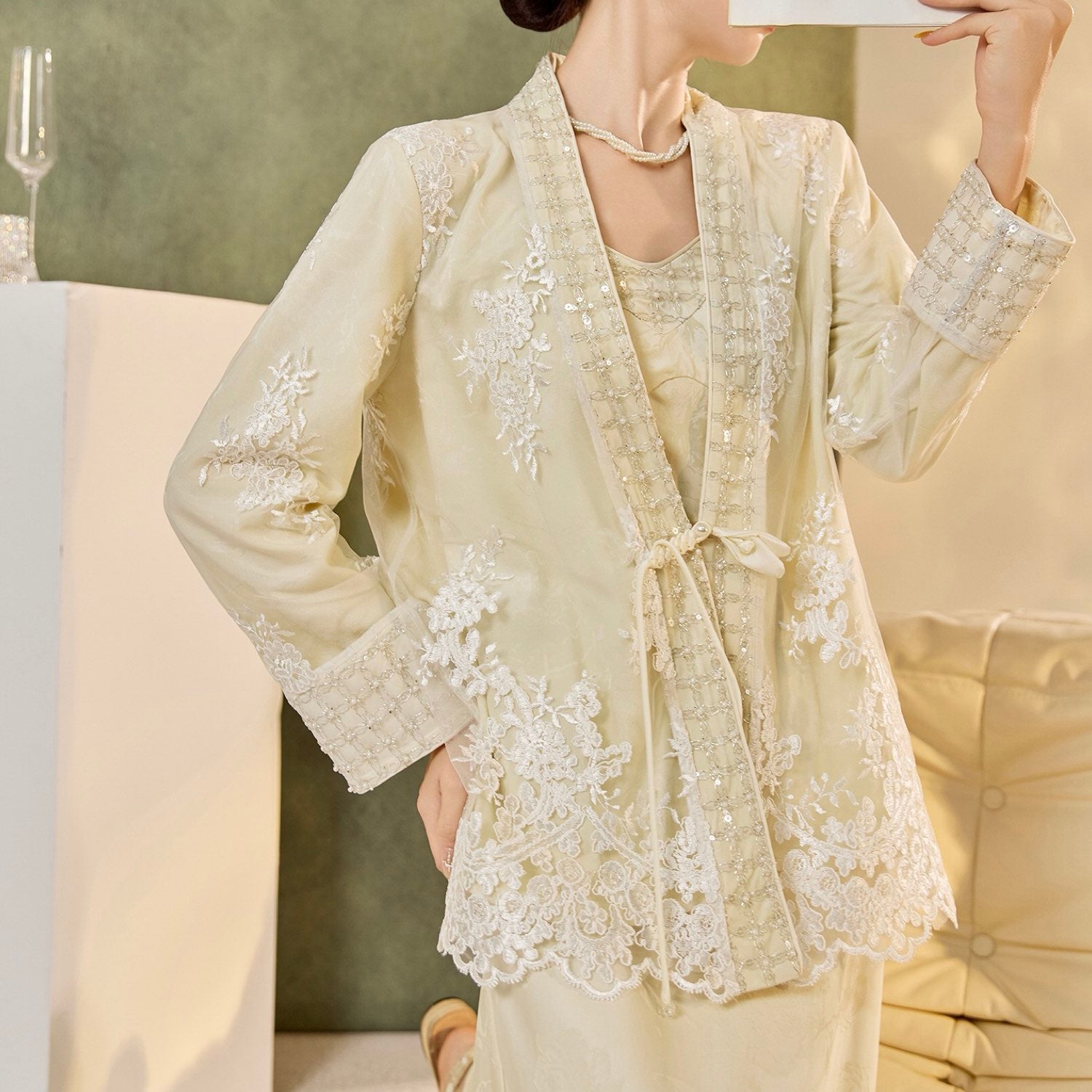 Embroidered Flower Cardigan Chinese-Inspired Style Beige White Women Top