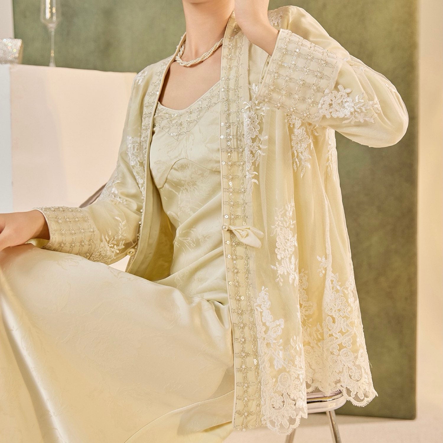 Embroidered Flower Cardigan Chinese-Inspired Style Beige White Women Top