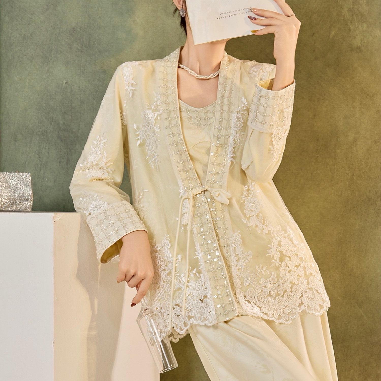 Embroidered Flower Cardigan Chinese-Inspired Style Beige White Women Top