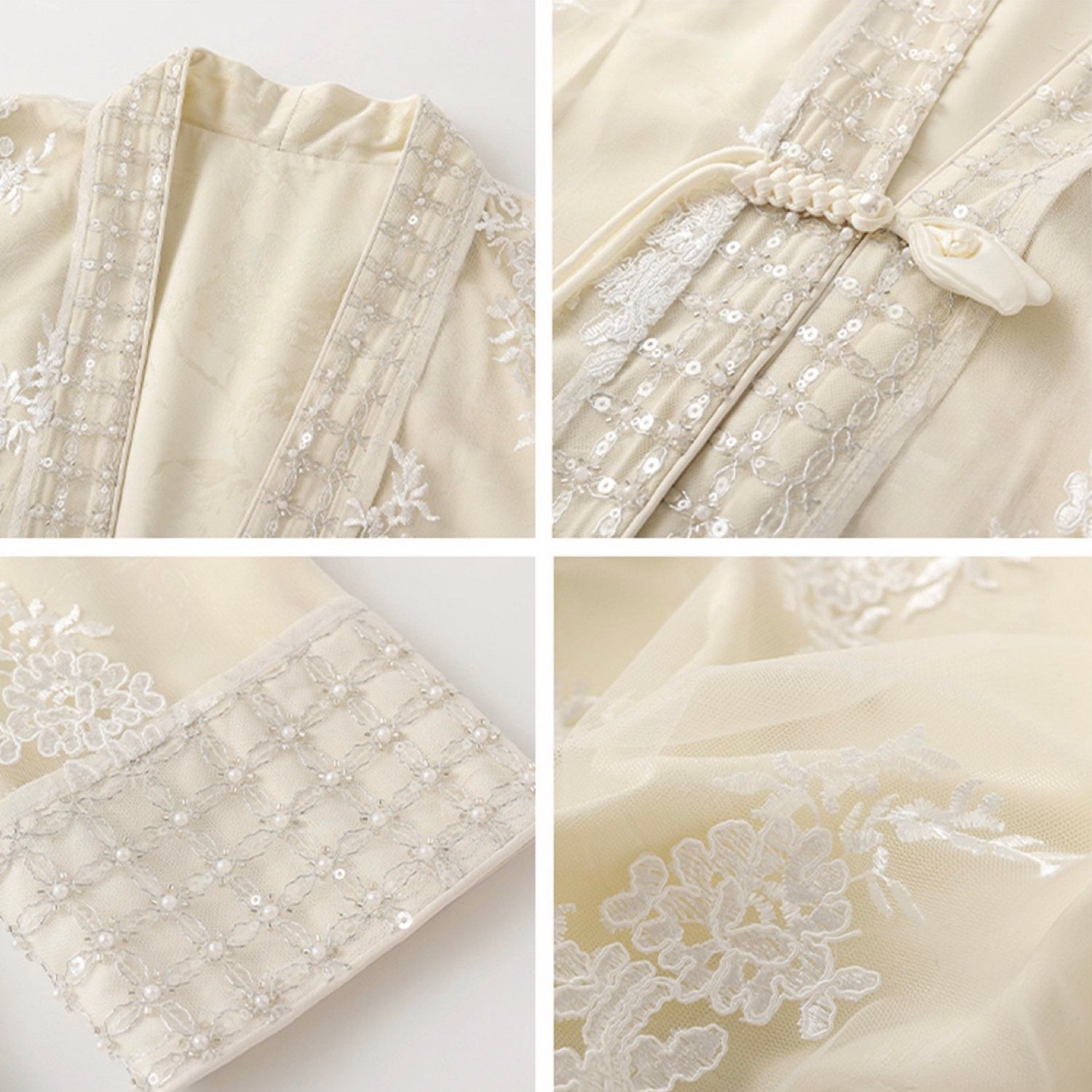 Embroidered Flower Cardigan Chinese-Inspired Style Beige White Women Top