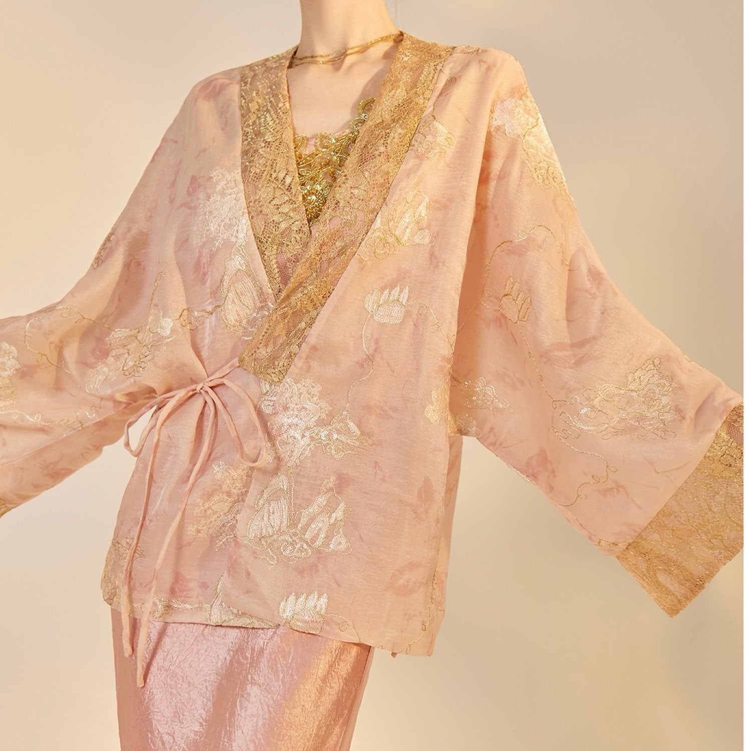 Embroidered Cardigan Top Pink  Floral Stylish Stitching Party Wedding