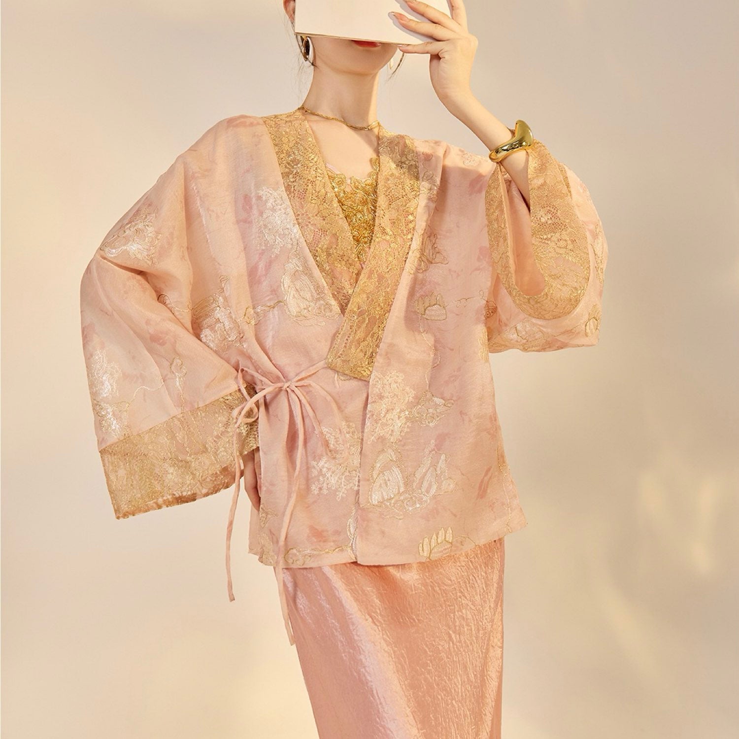 Embroidered Cardigan Top Pink  Floral Stylish Stitching Party Wedding