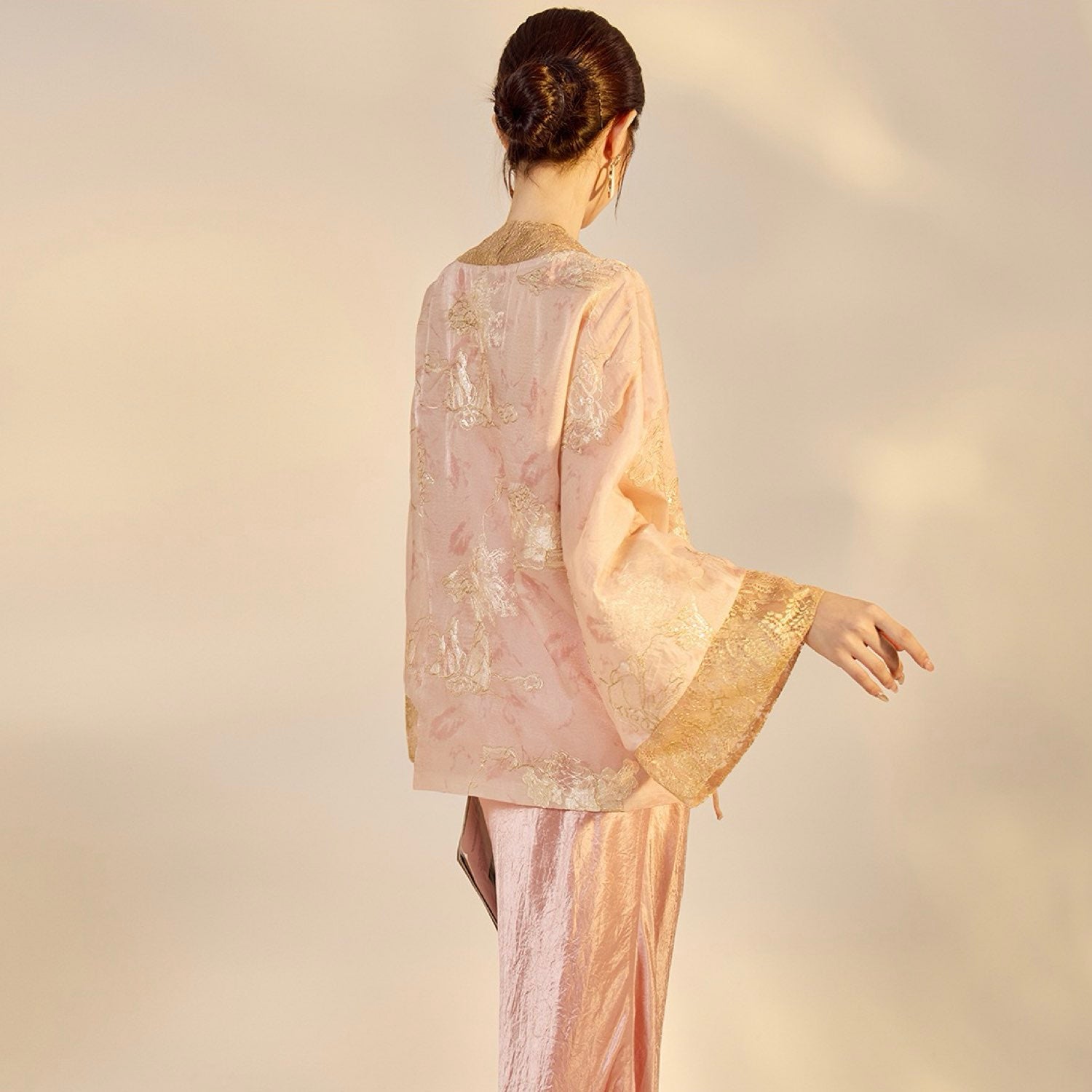 Embroidered Cardigan Top Pink  Floral Stylish Stitching Party Wedding