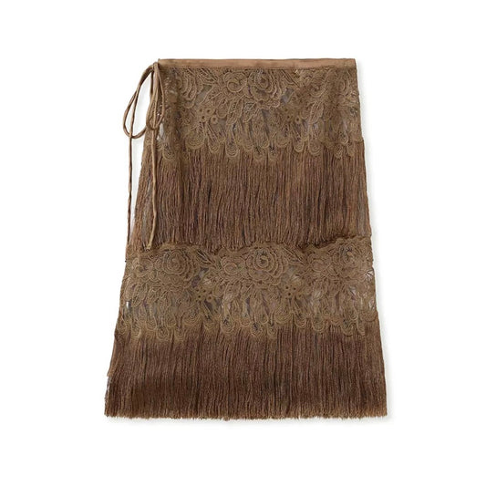 Poetic Embroidery Brown Tassel Outer Layer Floral Patchwork Short Skirt