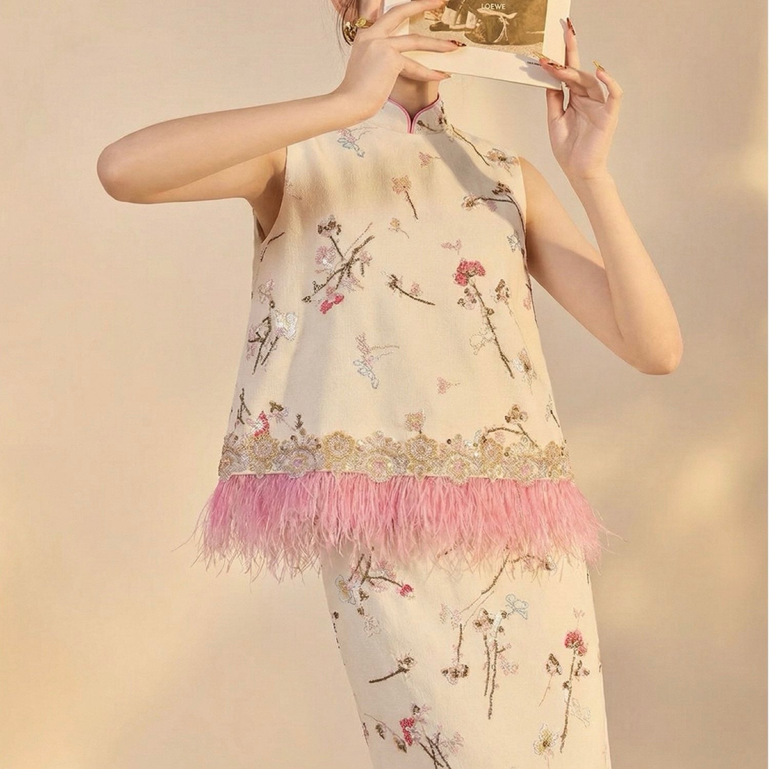 Embroidered Floral Tree Top Vest Women Feather Blouse