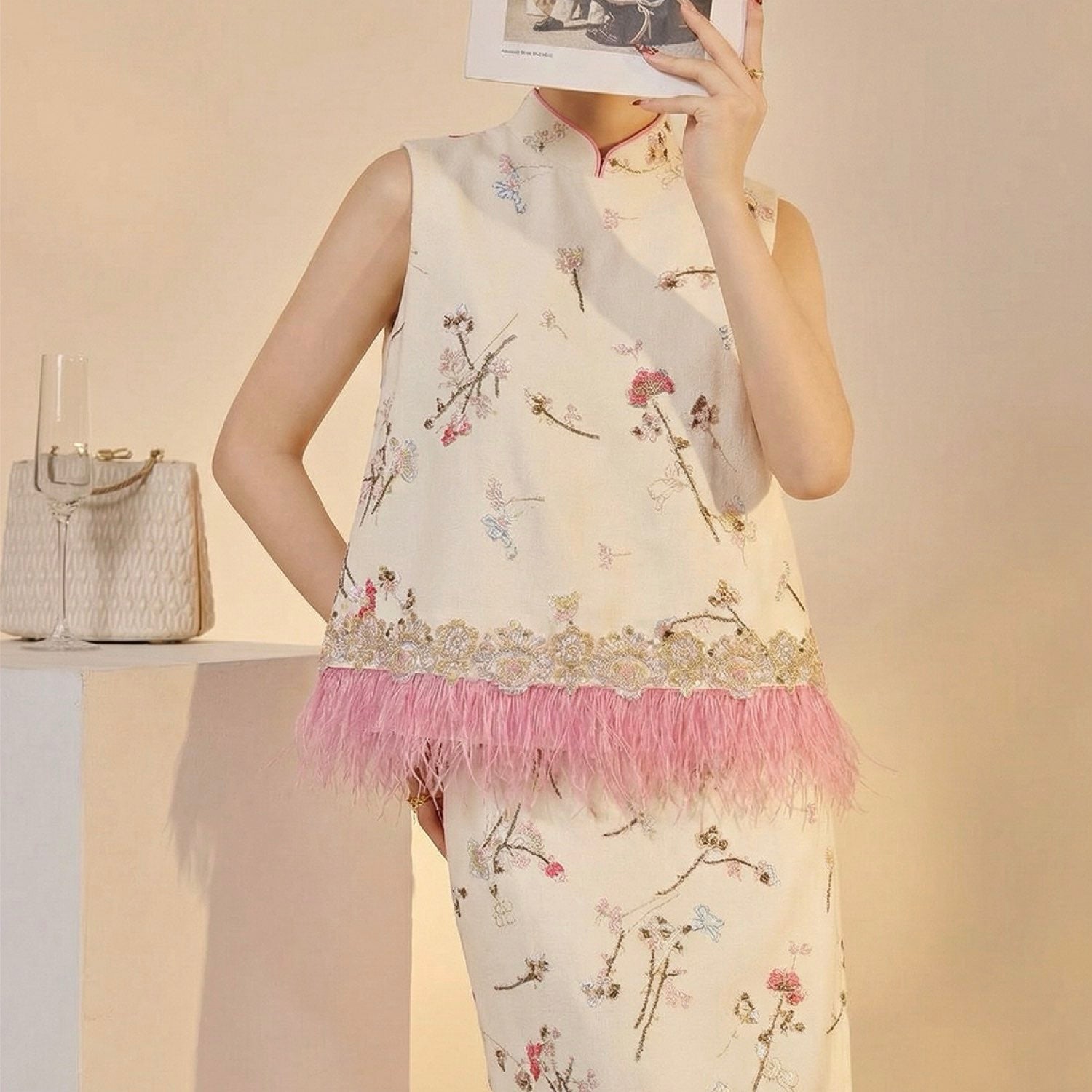Embroidered Floral Tree Top Vest Women Feather Blouse