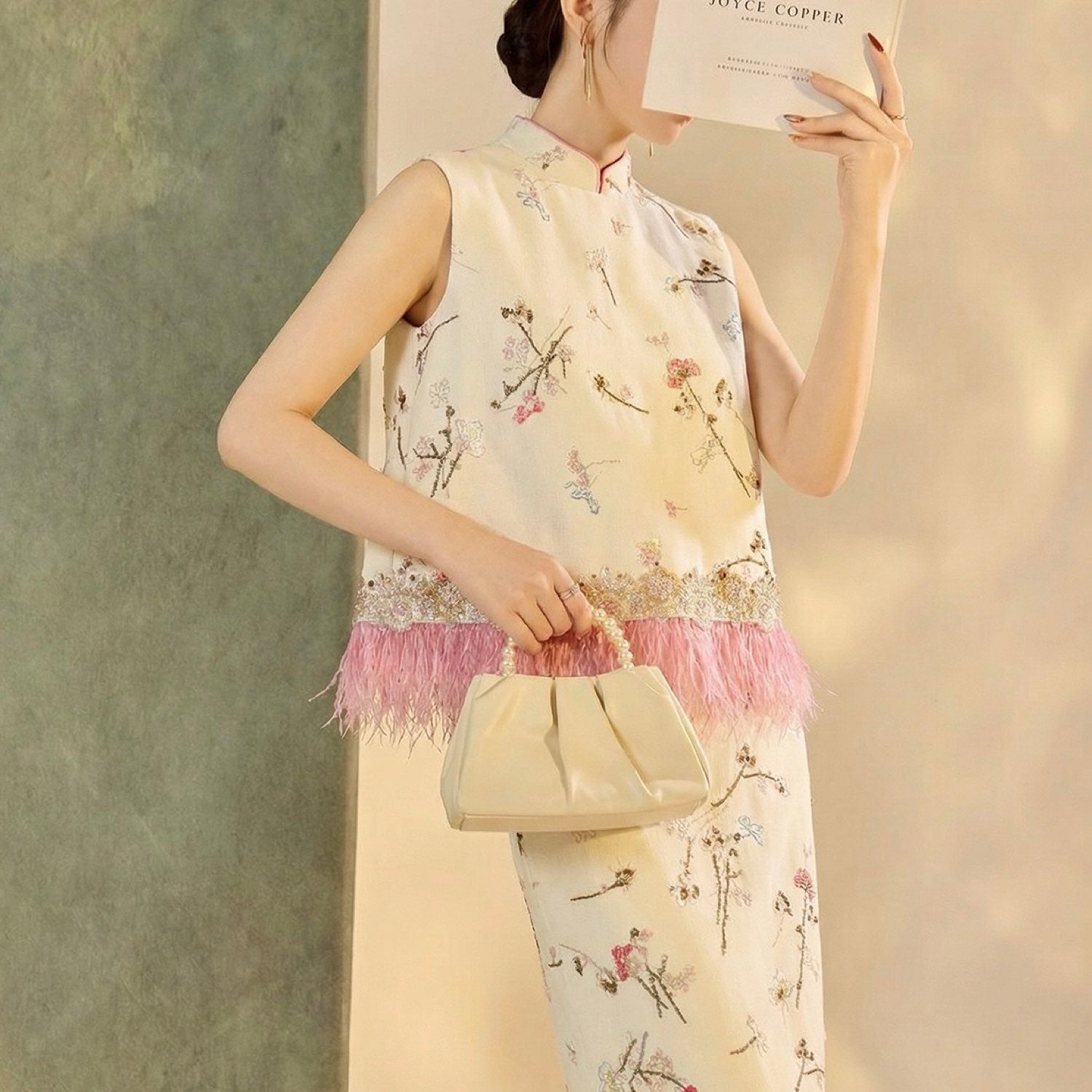 Embroidered Floral Tree Top Vest Women Feather Blouse