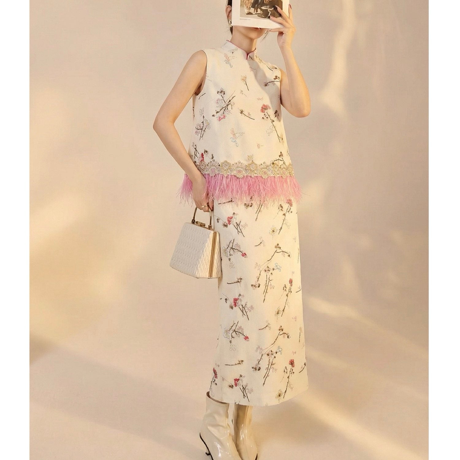 Embroidered Floral Bird Tank Top and Skirt Set Women Blouse Co Set