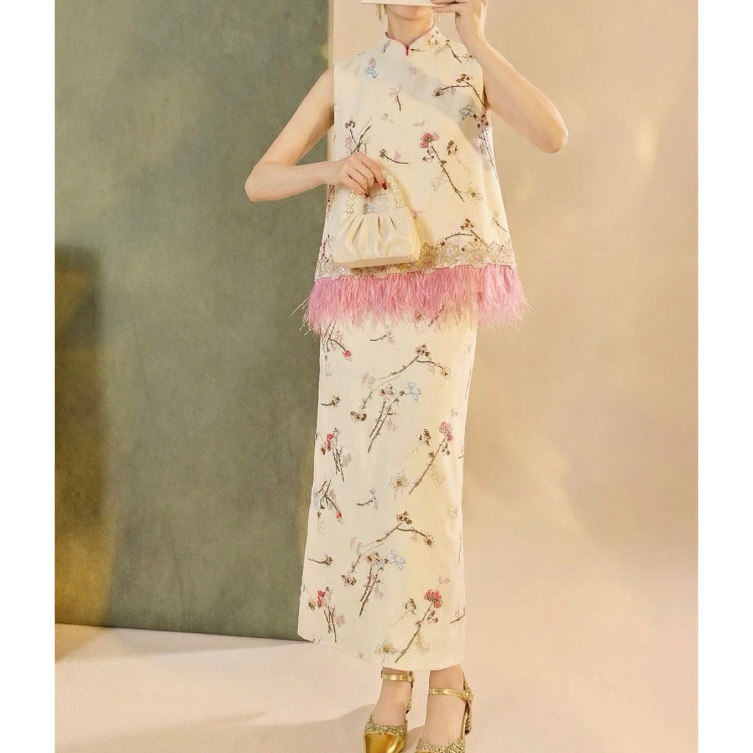 Embroidered Floral Bird Tank Top and Skirt Set Women Blouse Co Set