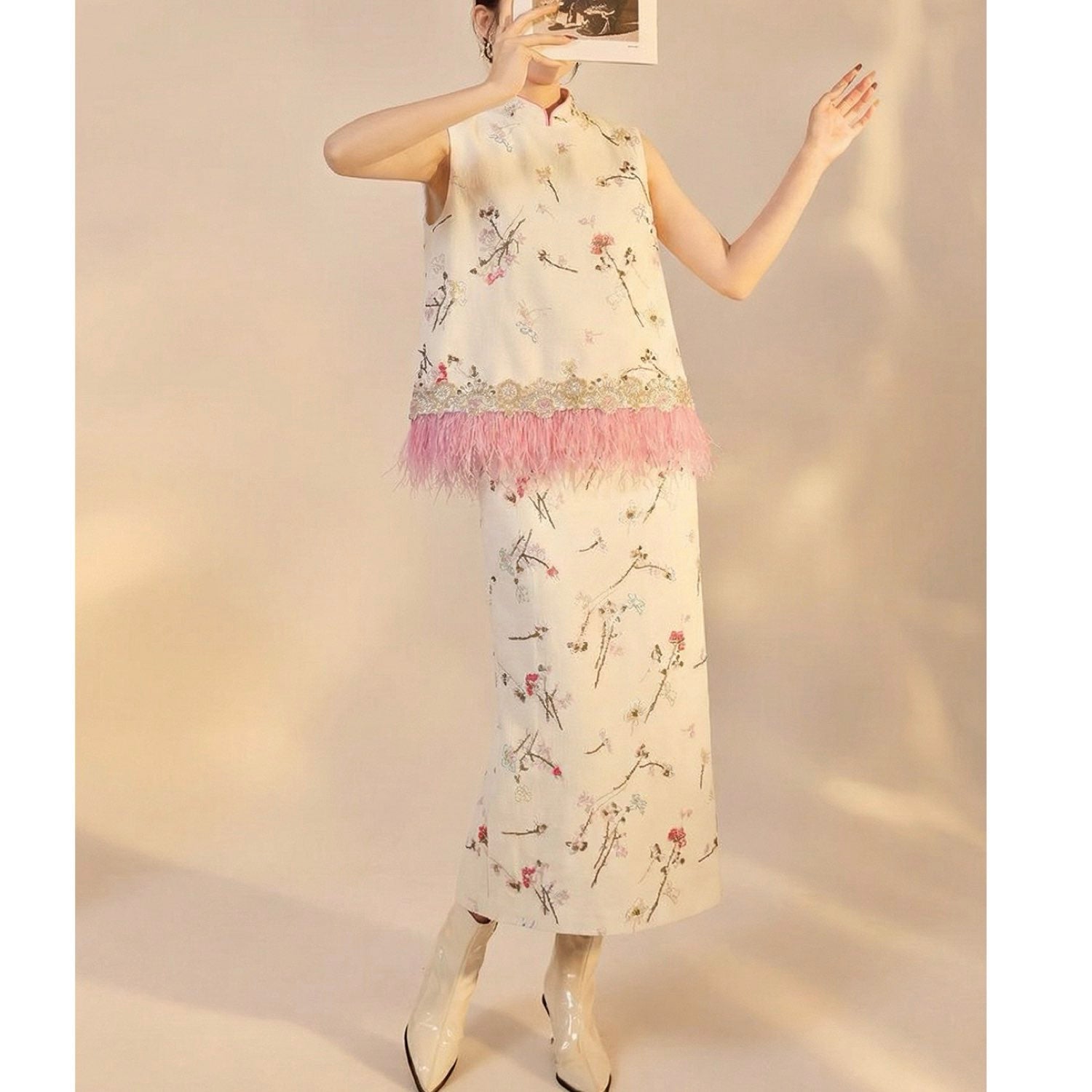 Embroidered Floral Bird Tank Top and Skirt Set Women Blouse Co Set