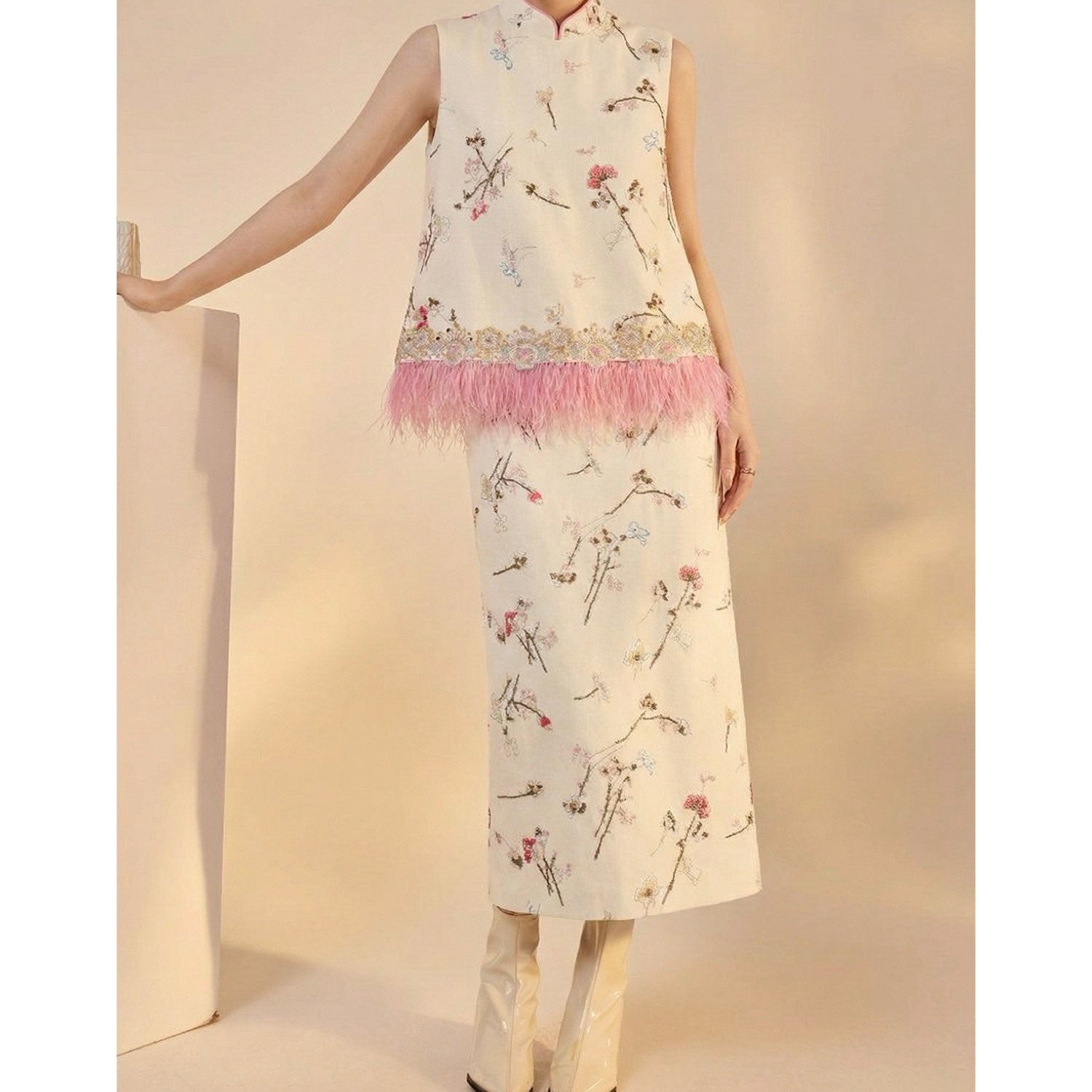 Embroidered Floral Tree Skirt Set Women Detail Blouse for Wedding Guest