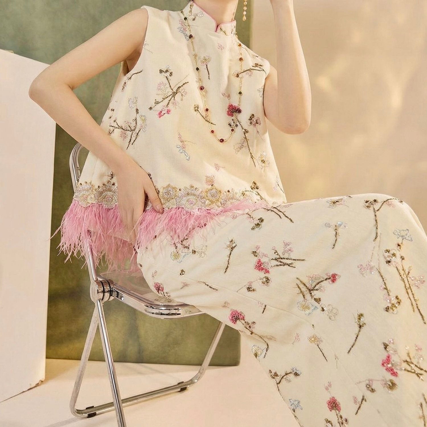Embroidered Floral Tree Top Vest Women Feather Blouse