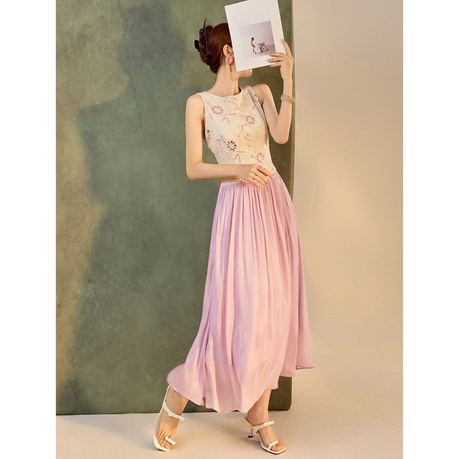 Creamy Lavender Embroidered Maxi Dress Purple