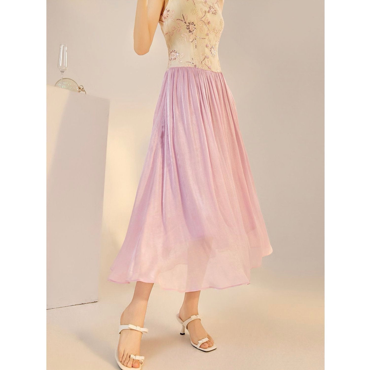 Creamy Lavender Embroidered Maxi Dress Purple