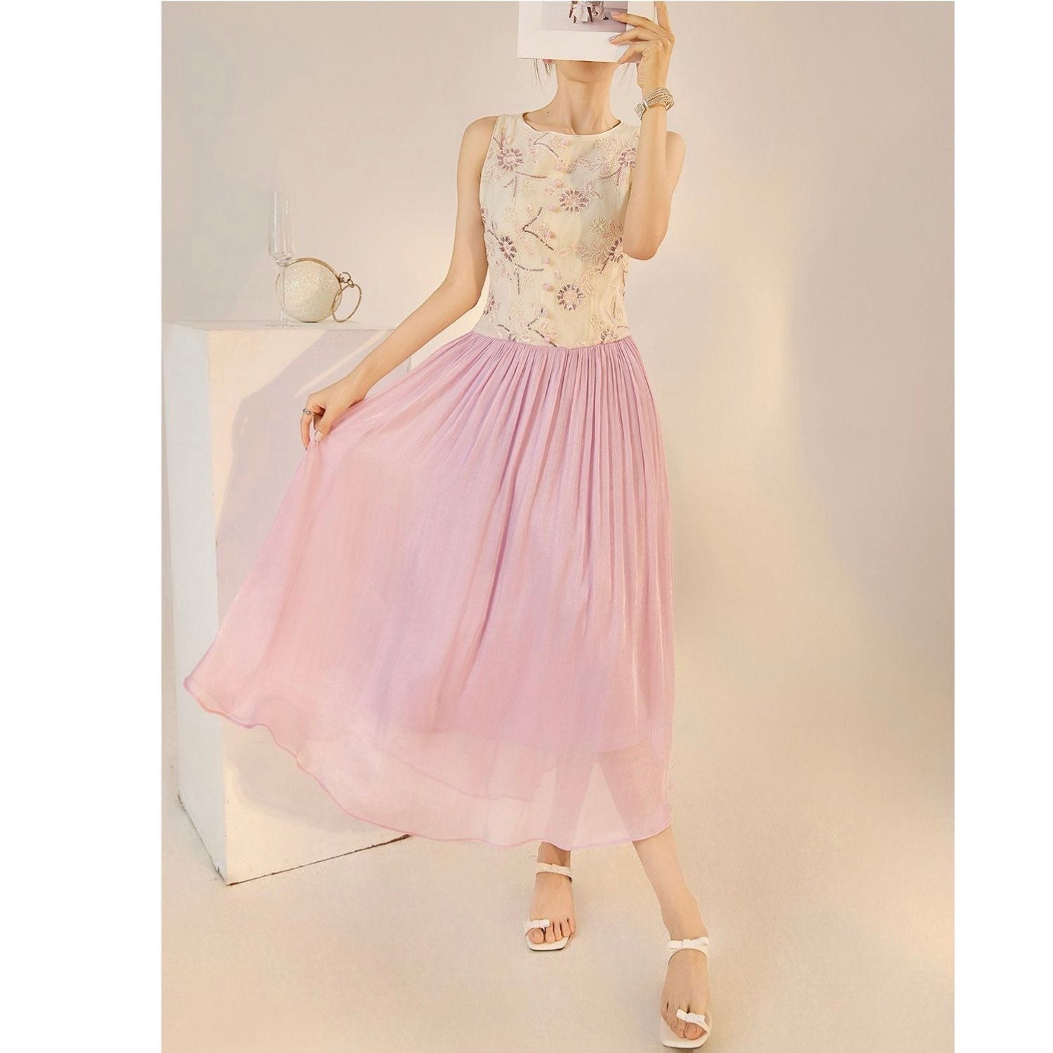 Creamy Lavender Embroidered Maxi Dress Purple