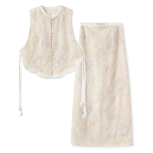 Poetic Embroidery Sheer Floral Side Tie Co ord Set