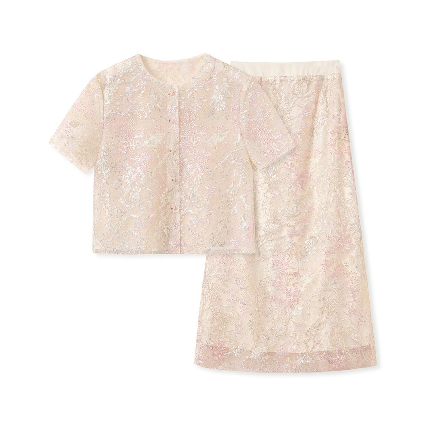 Embroidery White Flower Cream Pink Wedding Co-set Skirt Vest