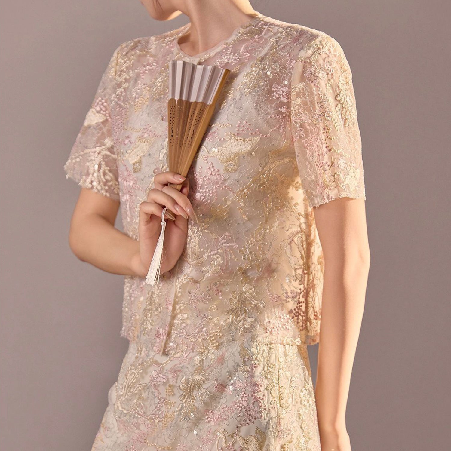 Poetic Embroidery Textured Floral Lace Co ord Set in Pink