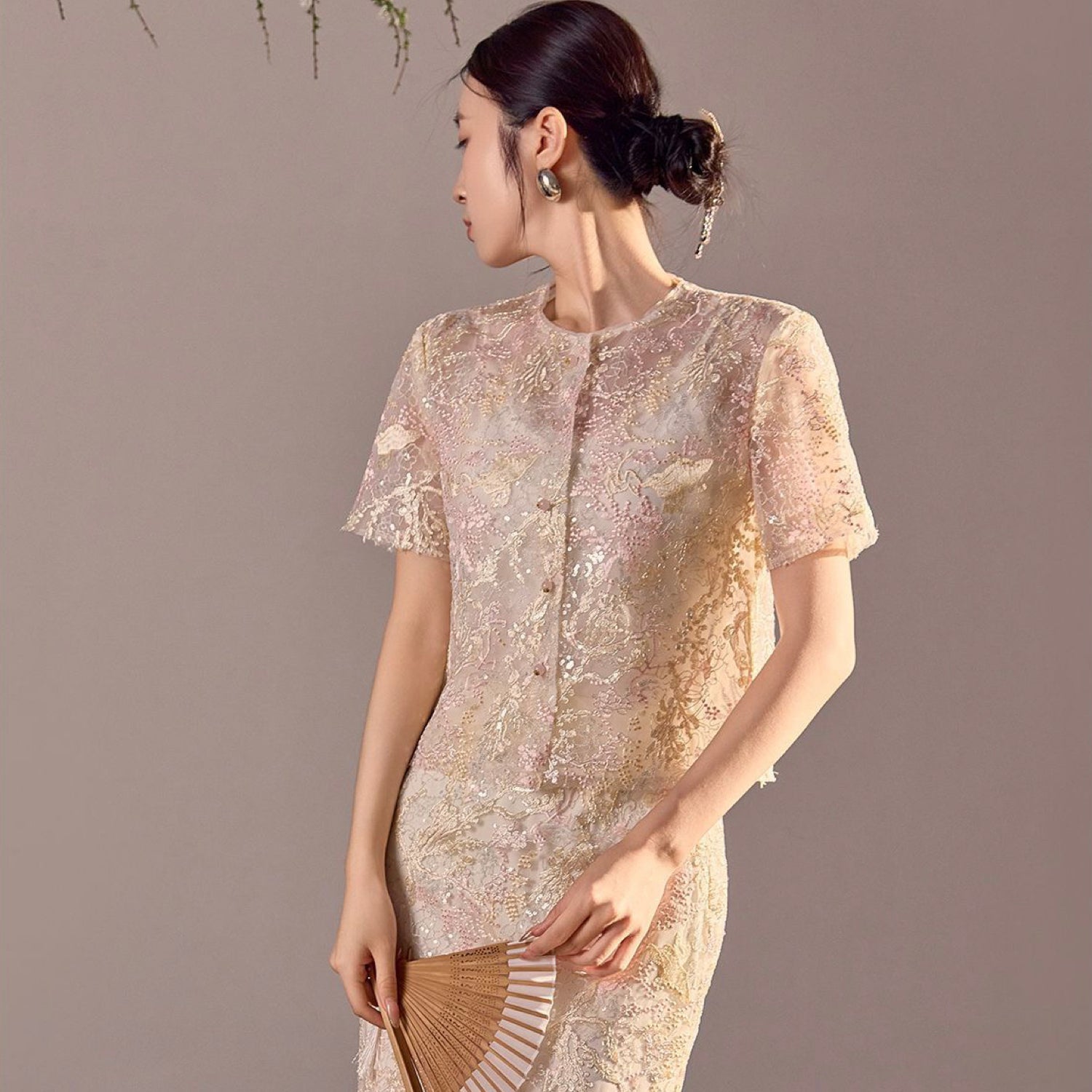 Poetic Embroidery Textured Floral Lace Co ord Set in Pink