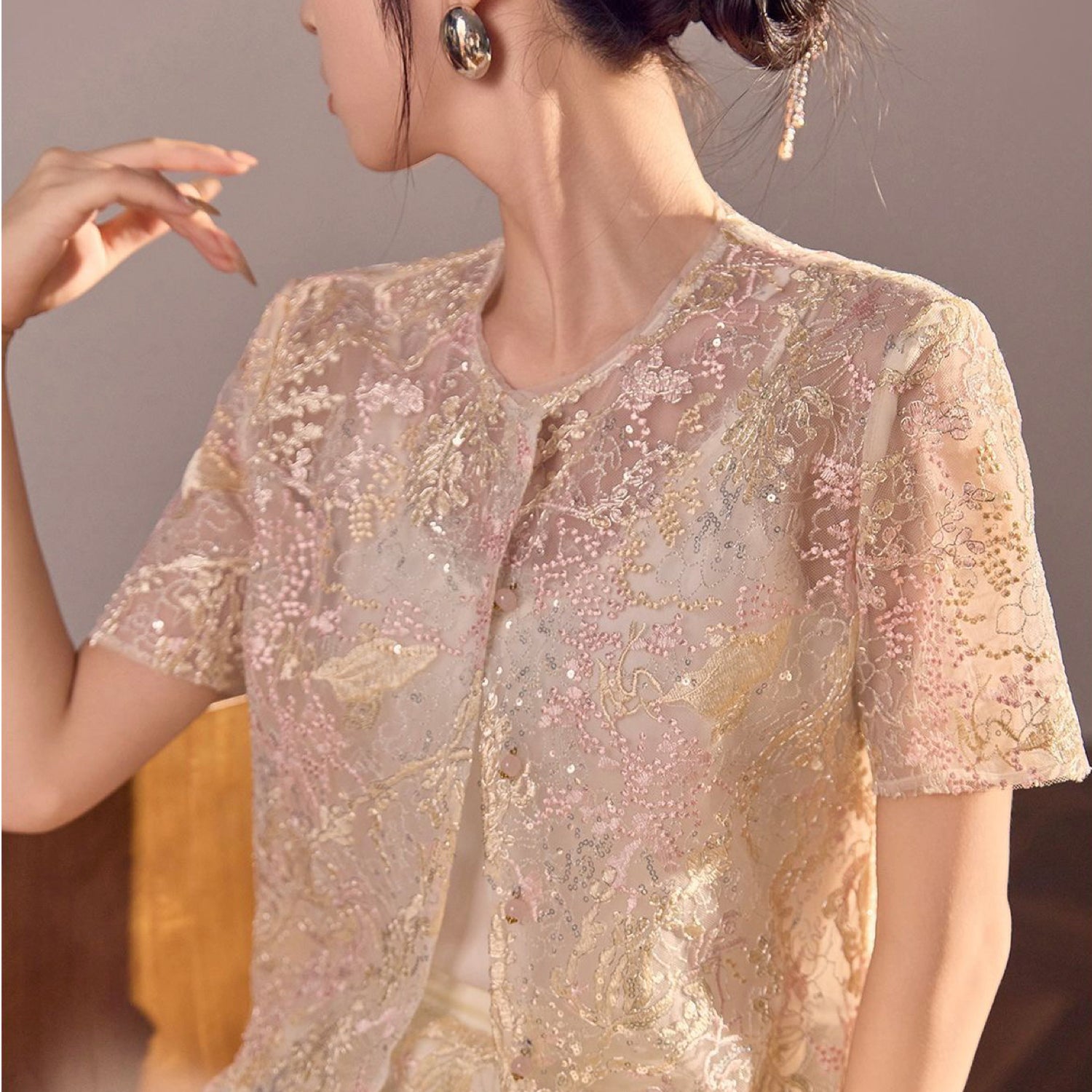 Poetic Embroidery Textured Floral Lace Co ord Set in Pink