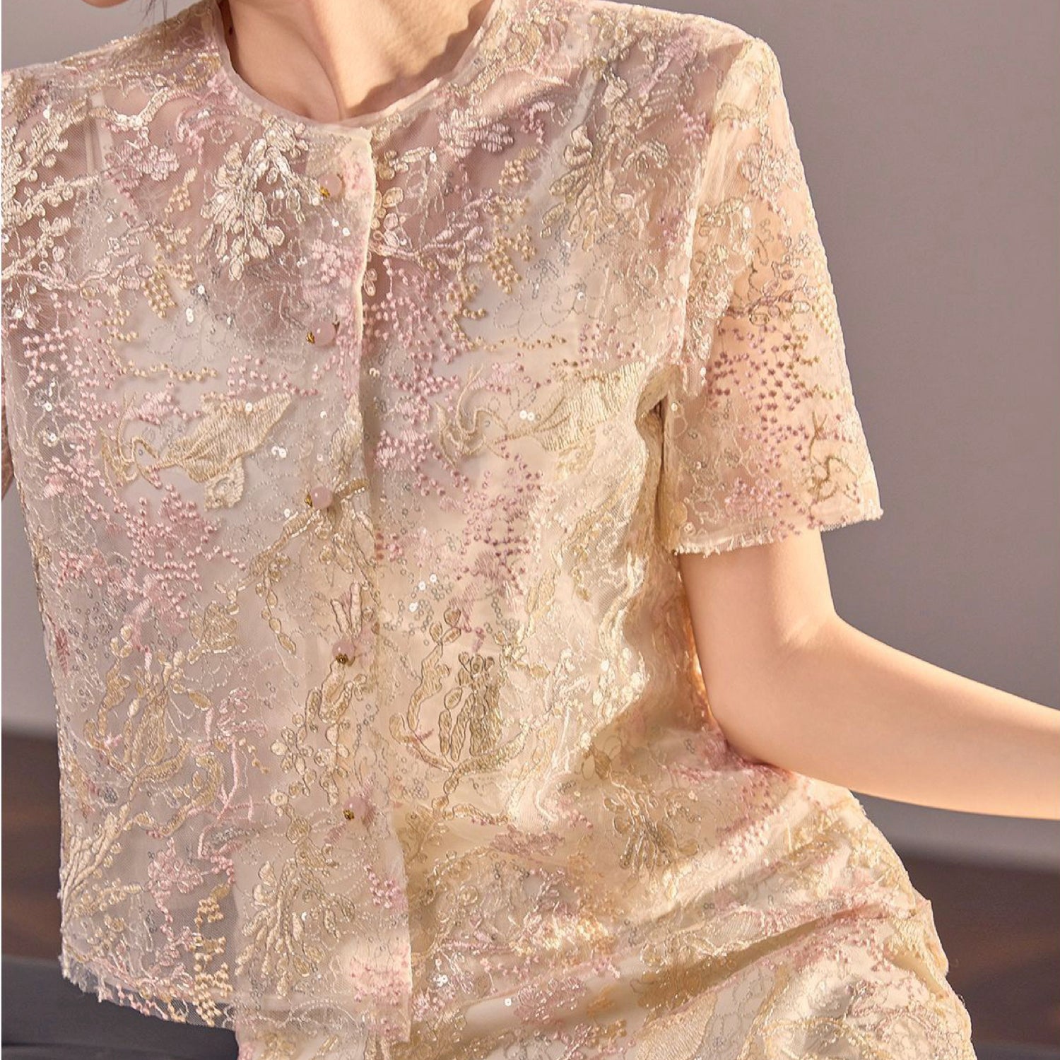 Poetic Embroidery Textured Floral Lace Co ord Set in Pink