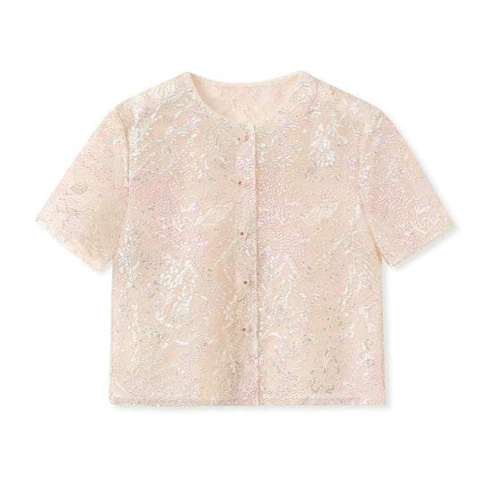 Poetic Embroidery Dense Floral Button Up Blouse in Pink and White