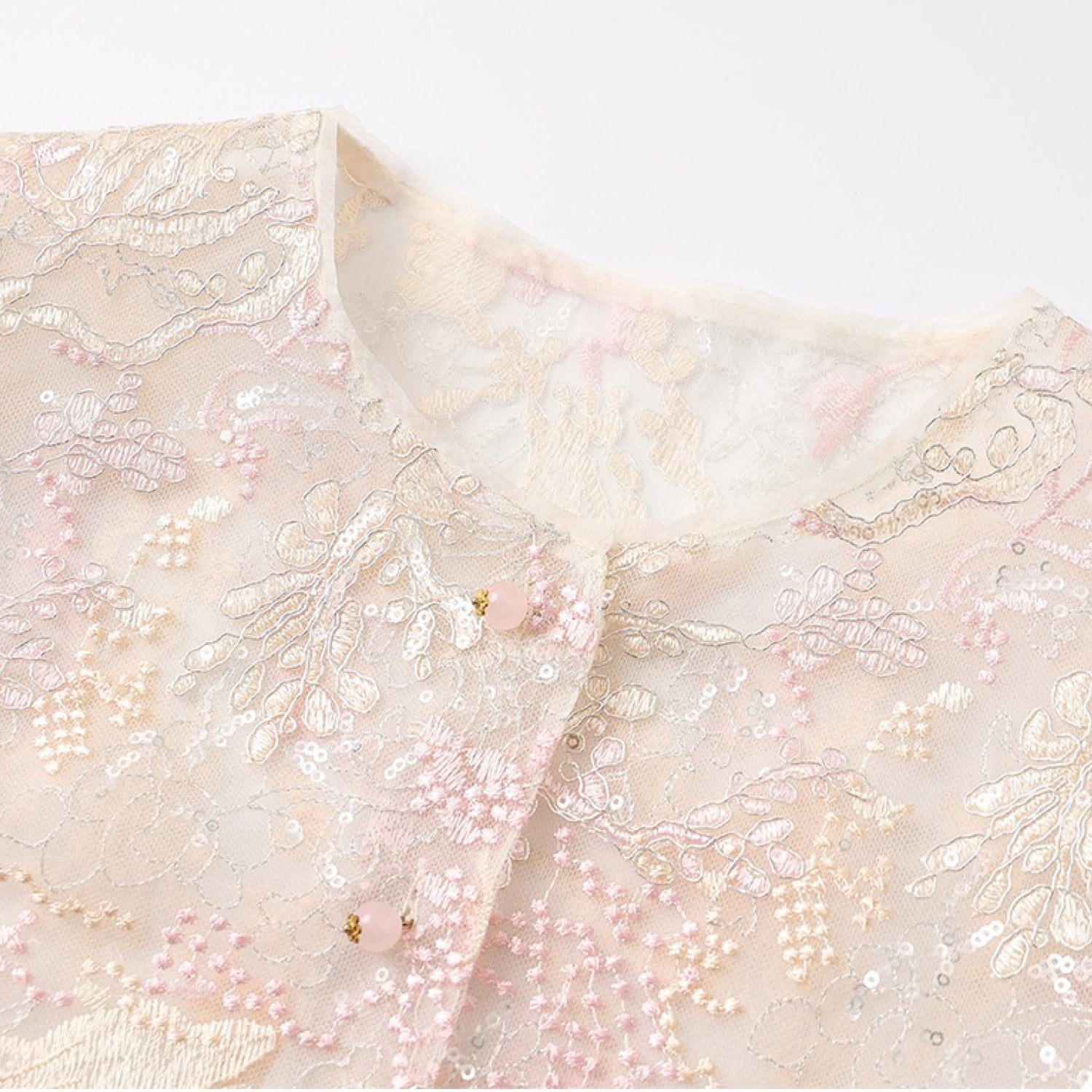 Poetic Embroidery Dense Floral Button Up Blouse in Pink and White