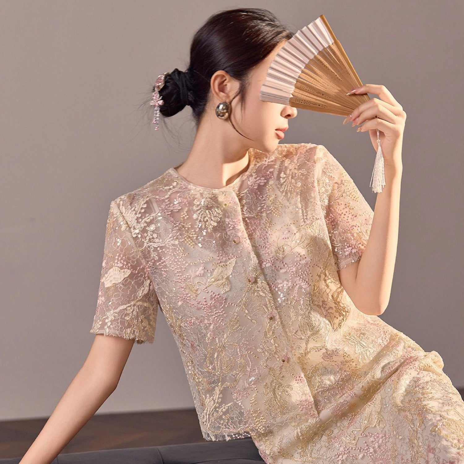 Poetic Embroidery Dense Floral Button Up Blouse in Pink and White